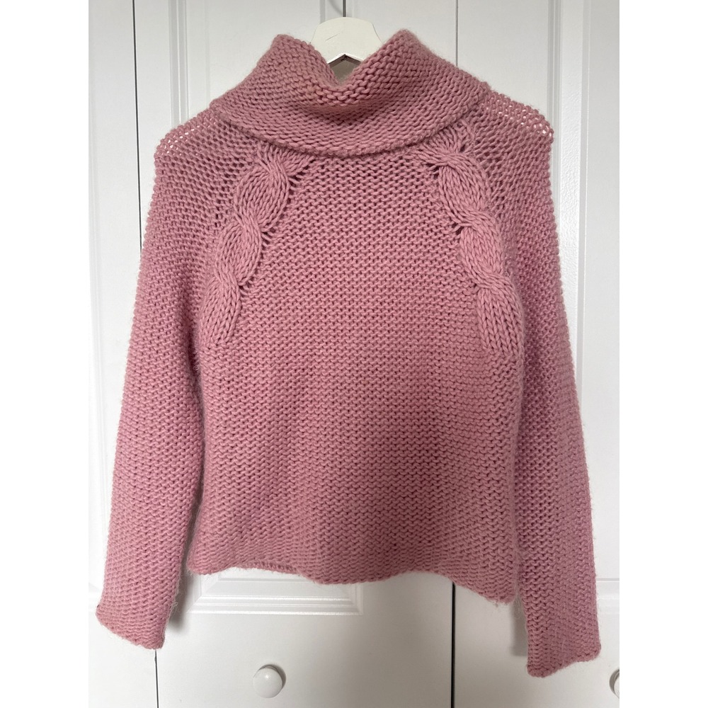 Frost Pink Chunky Knit Turtleneck Sweater Wool Mohair Blend Cable Raglan Small